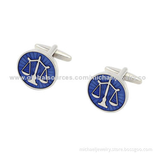 Brass Cufflinks with Blue Transparent Epoxy and Plated White Steel, Nickel-free